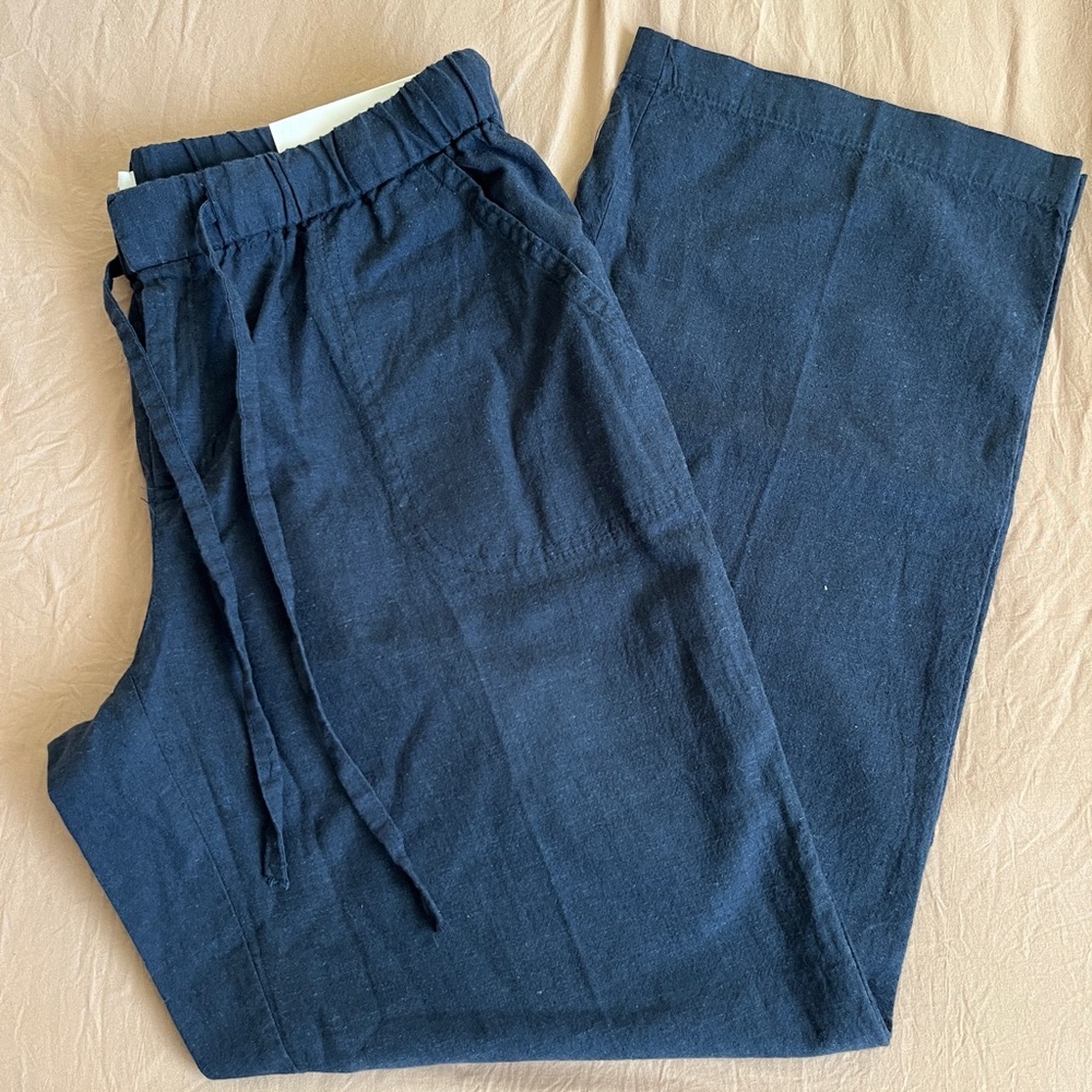 Dark Blue Wide Leg Linen Pants